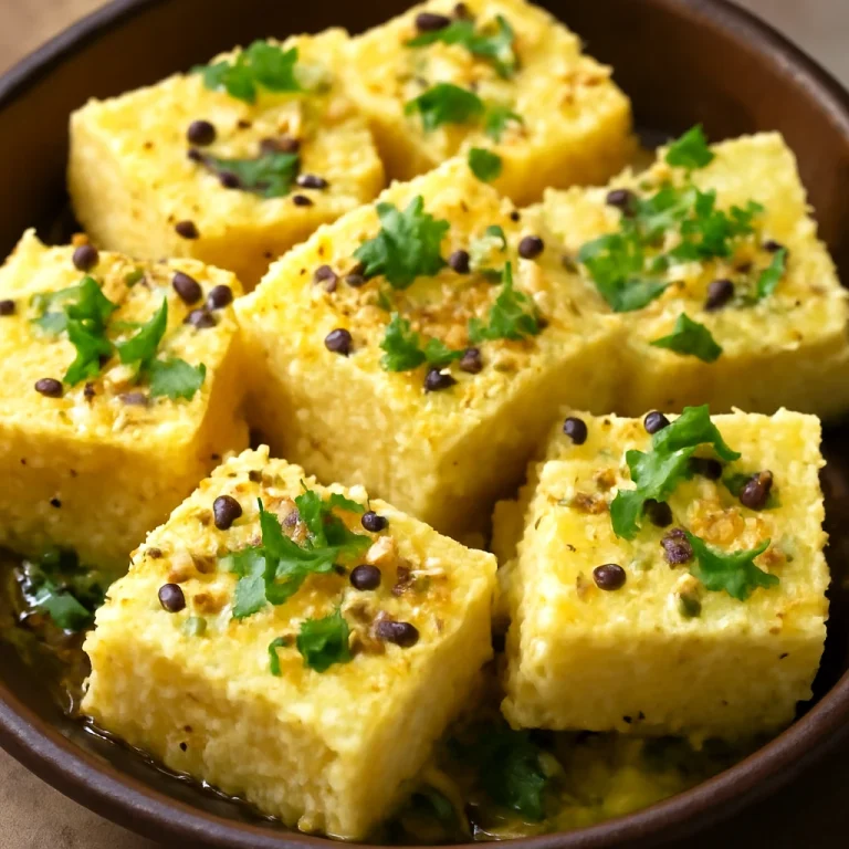 Rava Dhokla, egy tálban párolt, fűszeres öntettel és korianderrel díszített étel