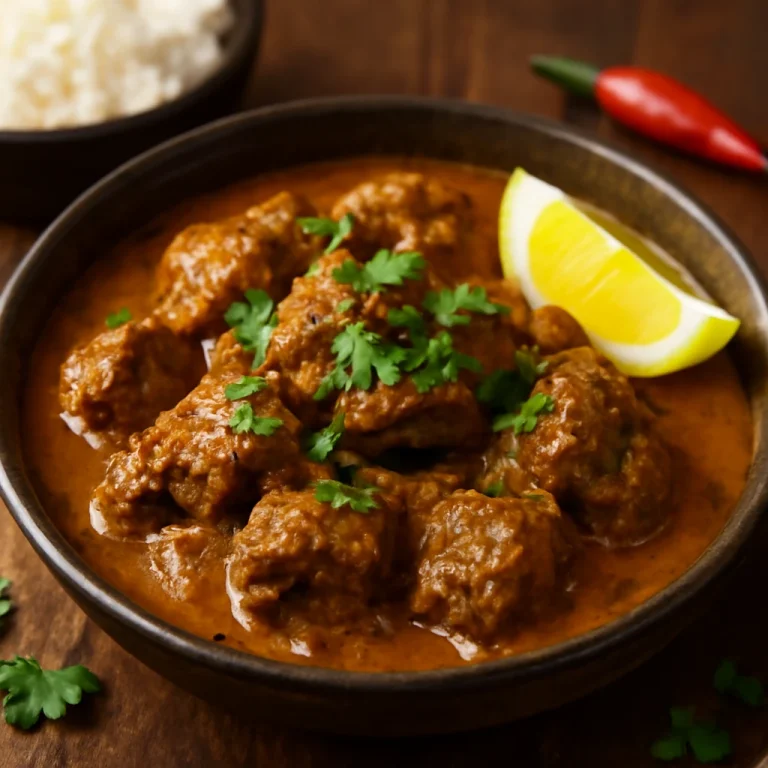 Rendang Daging, marhahússal, kókusztejjel, lime levével és friss korianderrel tálalva