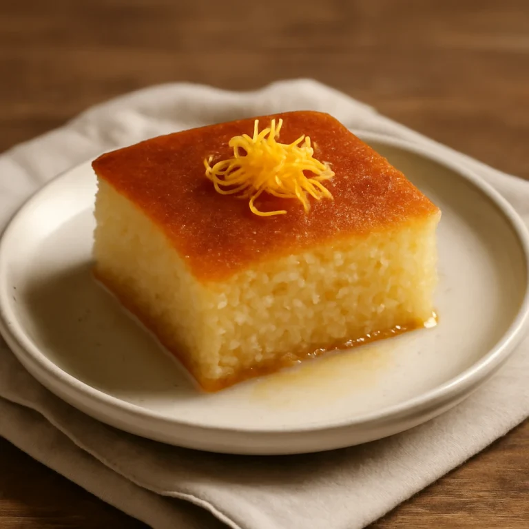 Tojásmentes revani, citrusos ízekkel, narancshéjjal díszítve, frissen tálalva