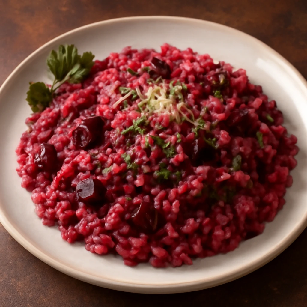 Krémes rizottó céklával, parmezánnal és fokhagymával