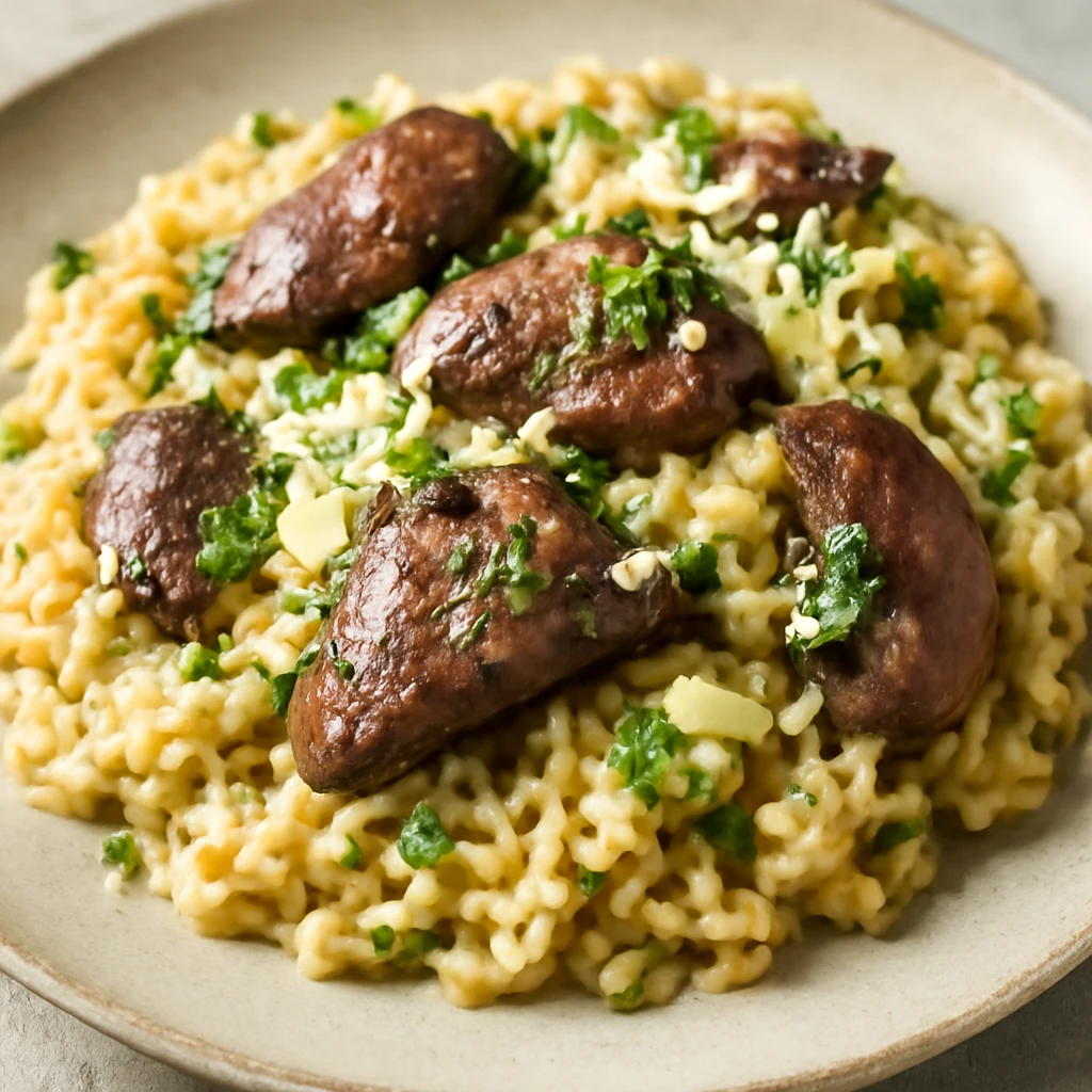 Krémes rizottó csirkemájjal, petrezselyemmel és parmezánnal