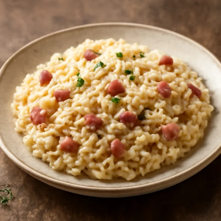 Sonkás rizottó frissen tálalva, gazdag krémes állagú, parmezán sajttal megszórva