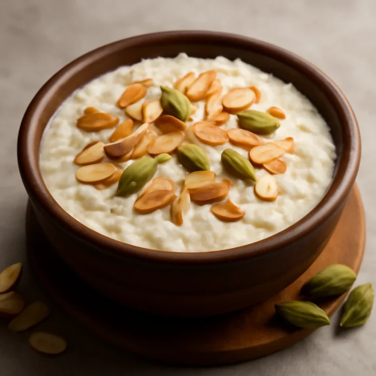 Rizs kheer desszert mandulával és kardamommal díszítve