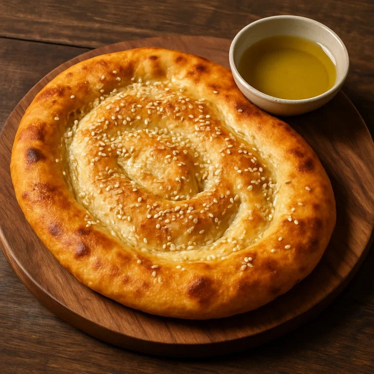 Roghni naan aranybarna szezámmaggal megszórva, olívaolajjal tálalva