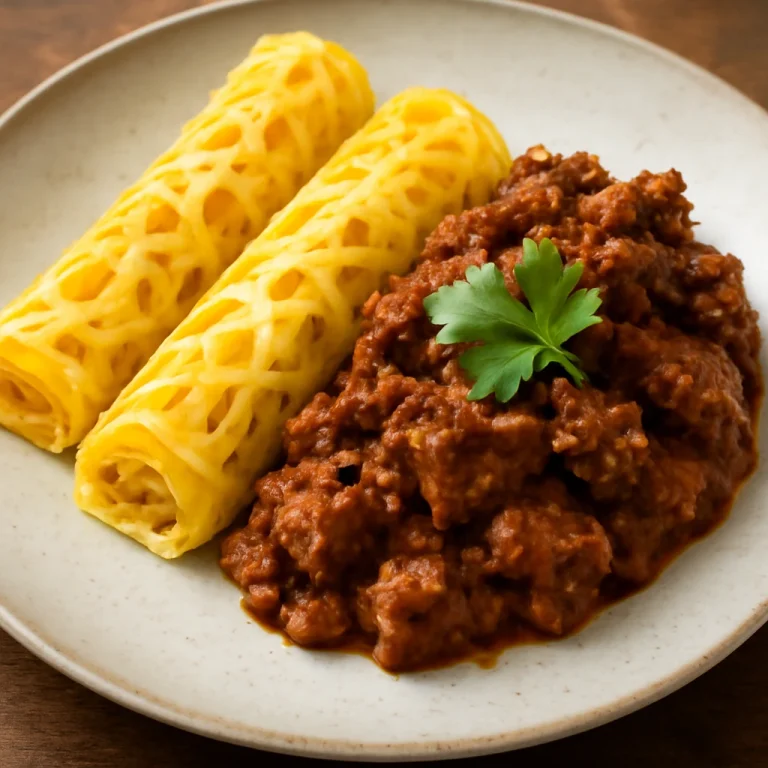 Roti Jala marhahúsos rendanggal, friss korianderrel díszítve