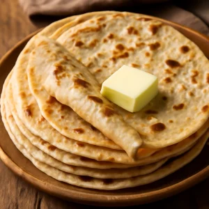 Friss roti vajjal tálalva