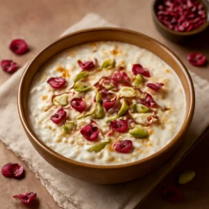Indiai rózsás kheer rózsavizes és kardamomos ízesítéssel