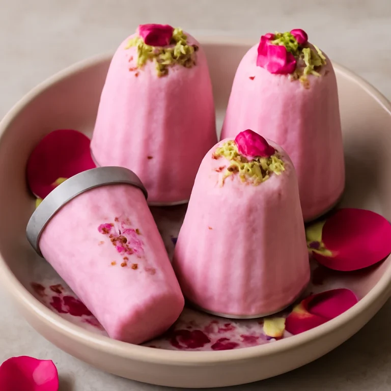 Rózsás kulfi díszítve pisztáciával és rózsaszirmokkal