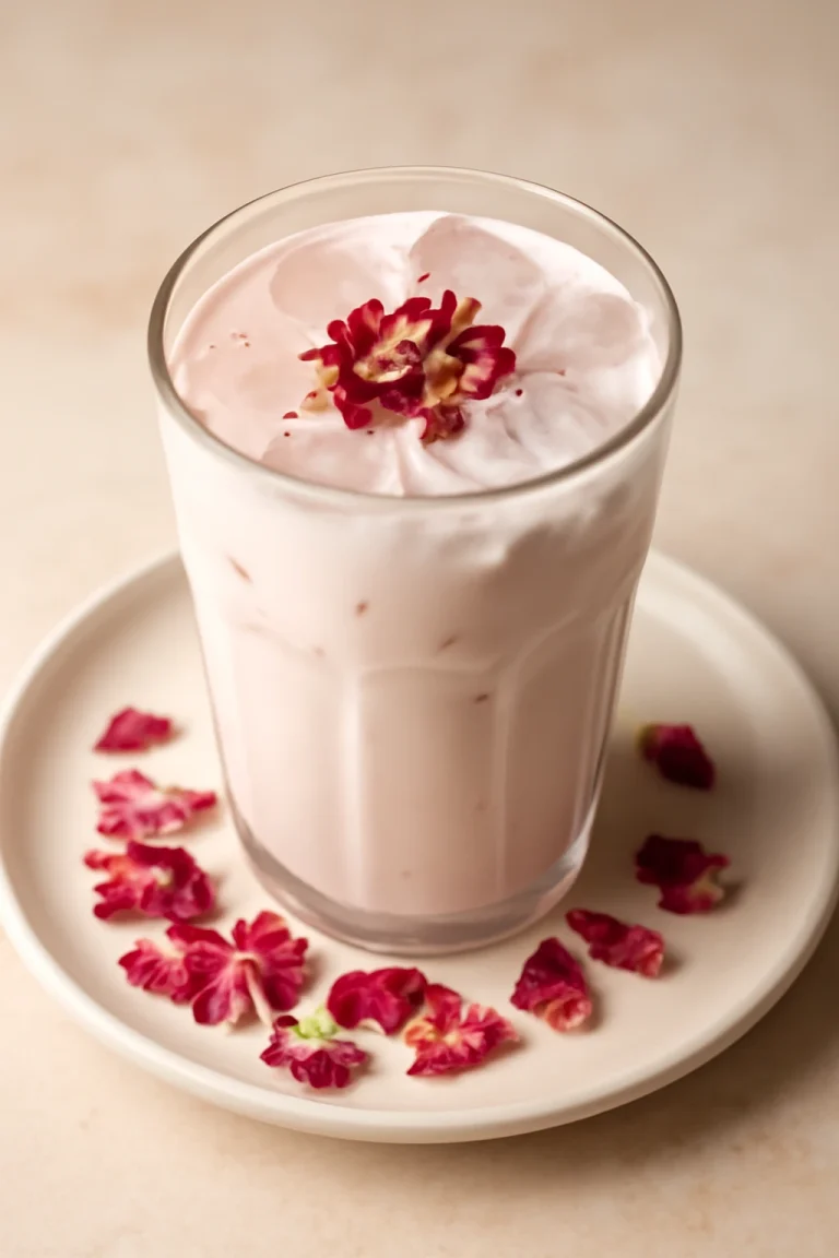 Rózsavizes lassi tálalva jégkockákkal