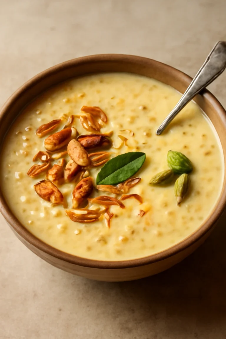 Sabudana Payasam, egy finom indiai tejdesszert, gazdag ízekkel és színes fűszerekkel díszítve