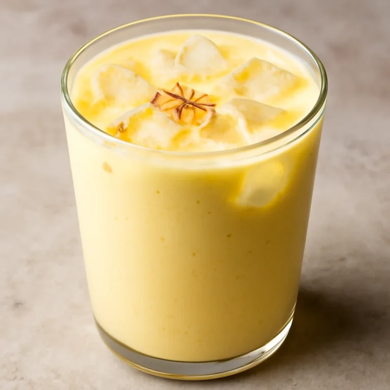Sáfrányos lassi pohárban, jégkockákkal díszítve