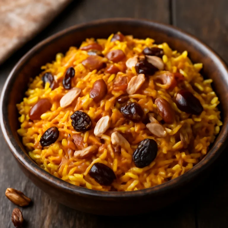 Sáfrányos mishti pulao, fűszeres rizs, rózsavízzel és aszalt gyümölcsökkel díszítve