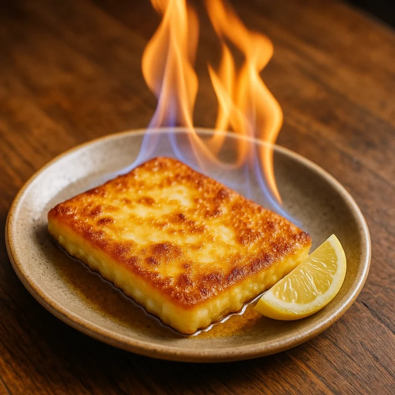 Saganaki flambírozva, aranybarna kéreggel, egy szelet citrommal tálalva