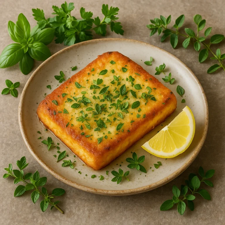 Saganaki friss fűszernövényekkel, aranybarnára sütve, citrommal és zöldfűszerrel megszórva