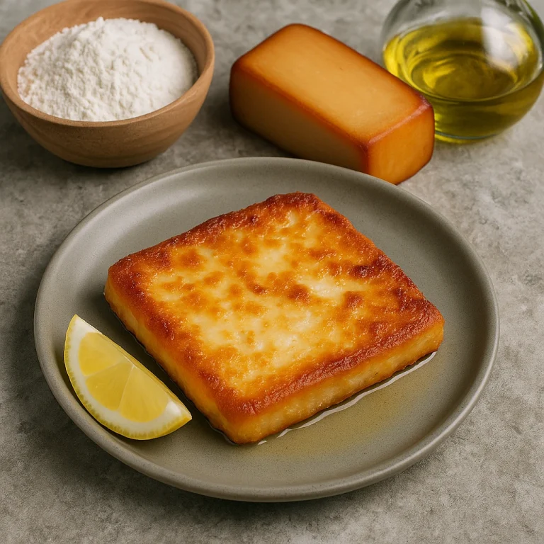 Saganaki füstölt sajttal, aranybarnára sütve, citrommal tálalva