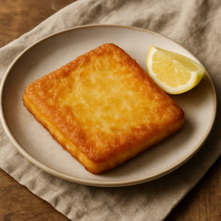 Saganaki graviera sajttal aranybarnára sütve, tányéron, citrommal tálalva