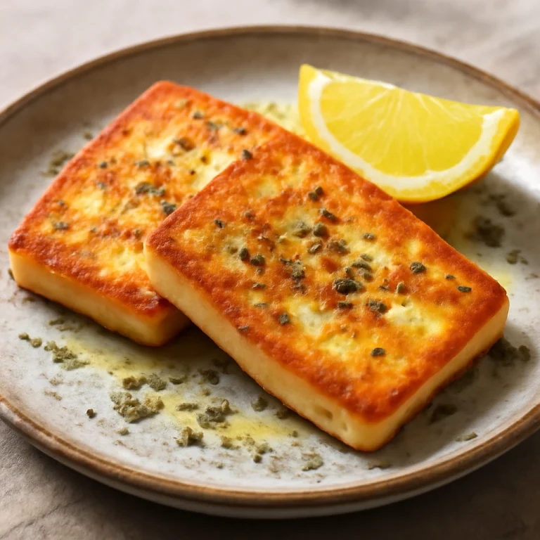 Saganaki halloumi sajttal, ropogósra sült sajtszeletek citrommal és oregánóval tálalva