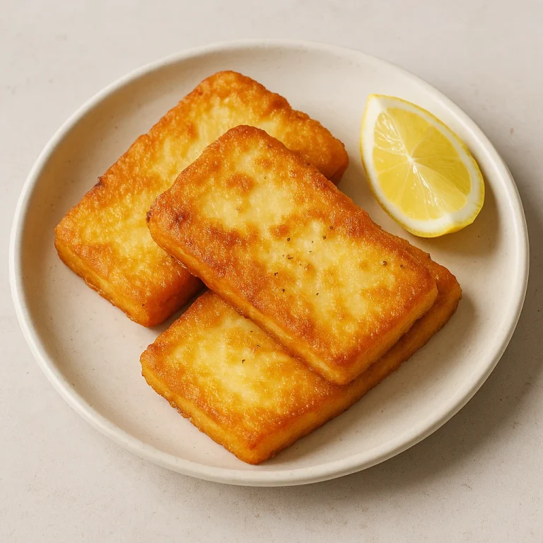 Saganaki kefalotyri sajttal, aranybarna kéreggel, citrommal tálalva