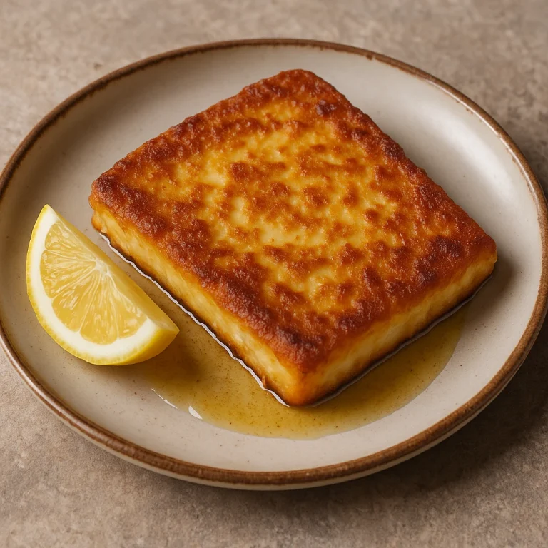 Saganaki klasszikus sajttal, ropogós aranybarna kéreggel tálalva
