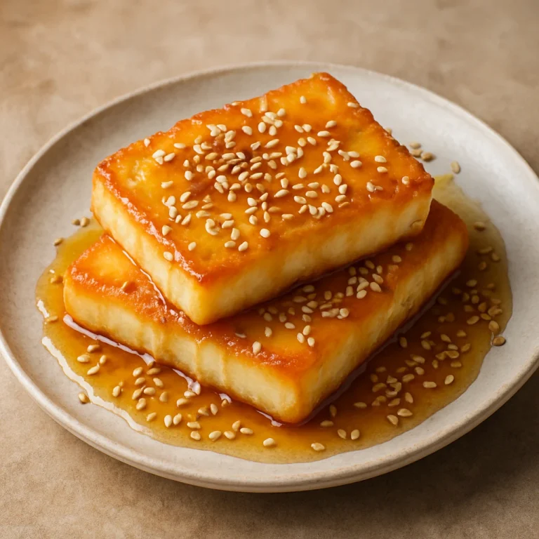 Saganaki mézzel meglocsolva és szezámmaggal megszórva tálalva