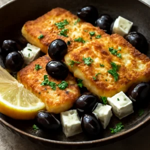 Sülelt Saganaki sajt olívabogyóval és feta sajttal, citrommal ízesítve