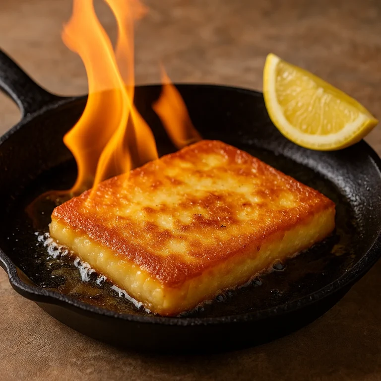 Saganaki ouzóval ízesítve, aranybarnára sütve, flambírozva és citrommal tálalva