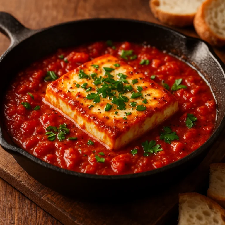 Saganaki paradicsomos szósszal, feta sajttal tálalva, petrezselyemmel megszórva