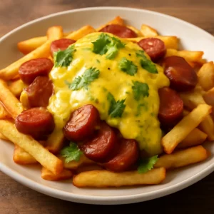 Finom perui salchipapas ají amarillo szósszal