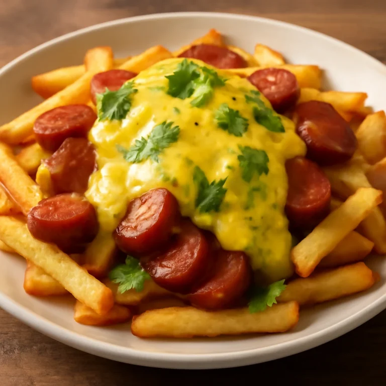Salchipapas ají amarillo szósszal, friss korianderrel tálalva