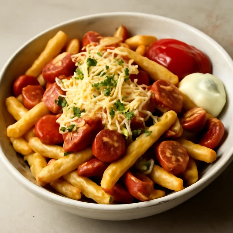 Salchipapas sajttal, ropogós hasábburgonya és virsli sajttal, majonézzel és ketchupal