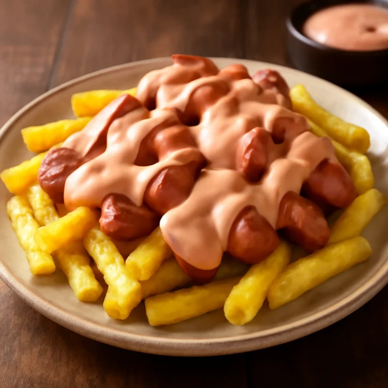 Salchipapas salsa rosadával tálalva, sült burgonyával és virslivel