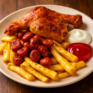 Gazdag és ínycsiklandó salchipapas étel sült csirkével