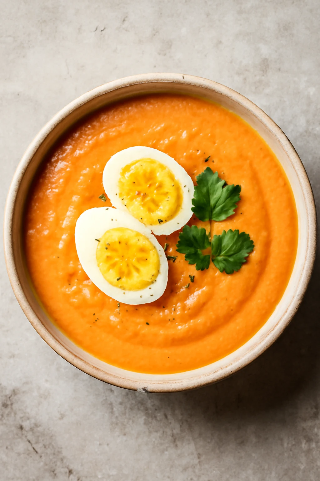 Friss és finom salmorejo, főtt tojással és korianderrel díszítve