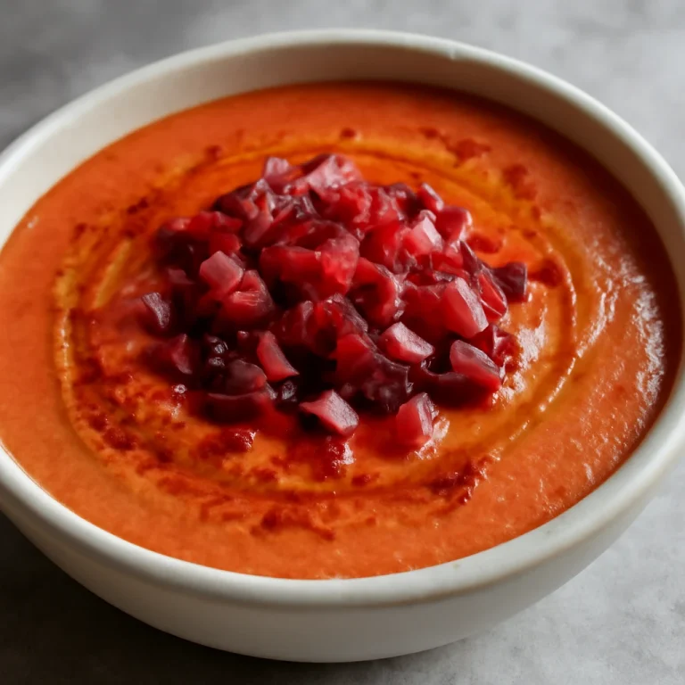Salmorejo serrano sonkával, friss paradicsomos leves, olívaolajjal és füstölt paprikával tálalva