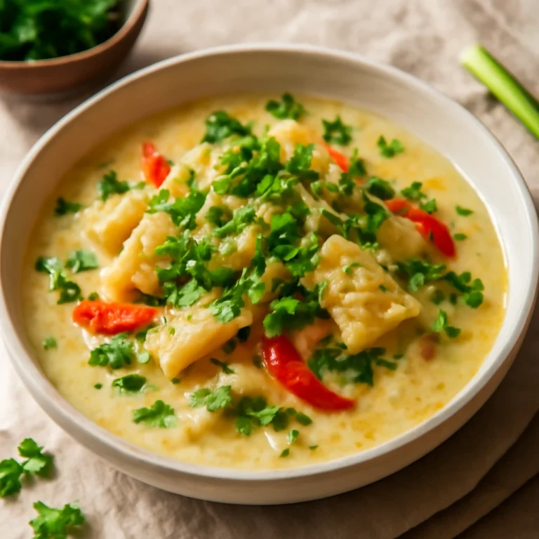 Saltfish kókusztejes mártásban, friss korianderrel tálalva