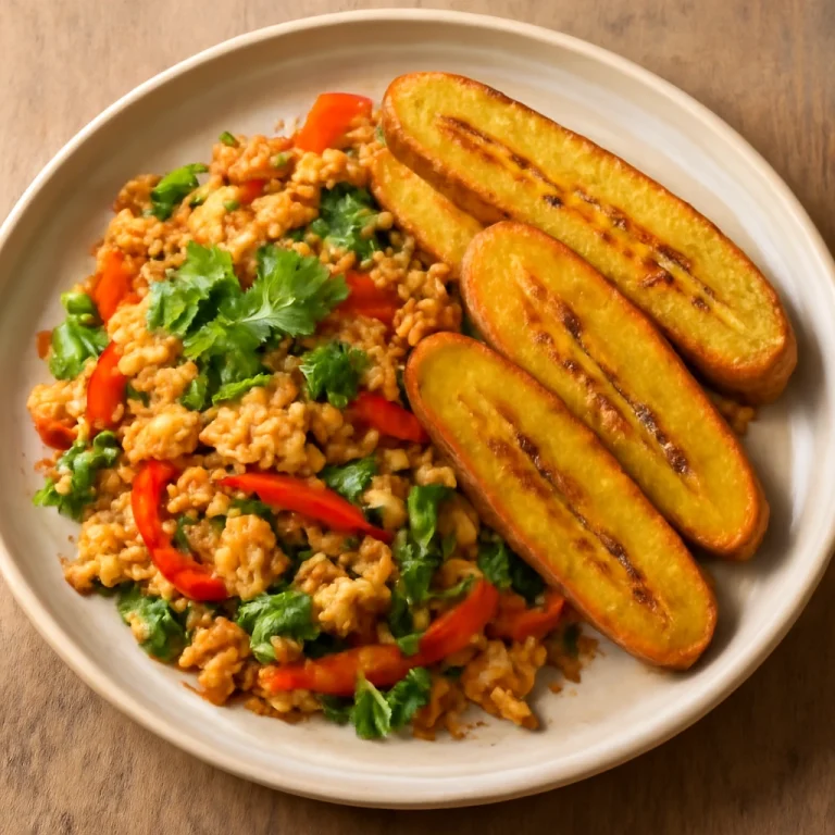 Saltfish sült banánnal, tálalva zöldségekkel és korianderrel díszítve
