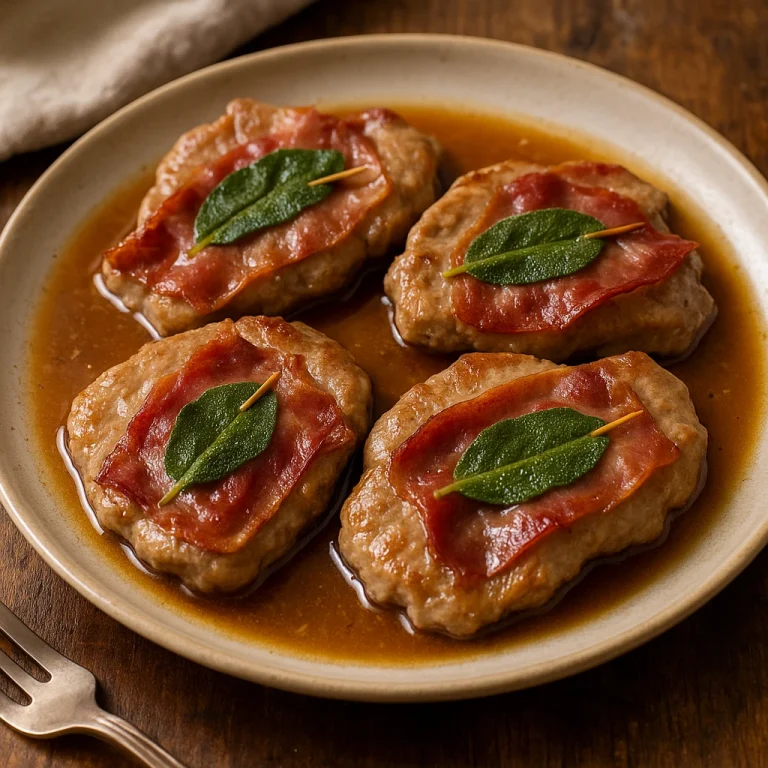 Saltimbocca borjúhúsból Marsala boros szósszal, sonkával és zsályalevéllel tálalva