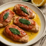 Saltimbocca citromos vajmártással, gazdag ízű borjúhús szelet, prosciuttóval és zsályával
