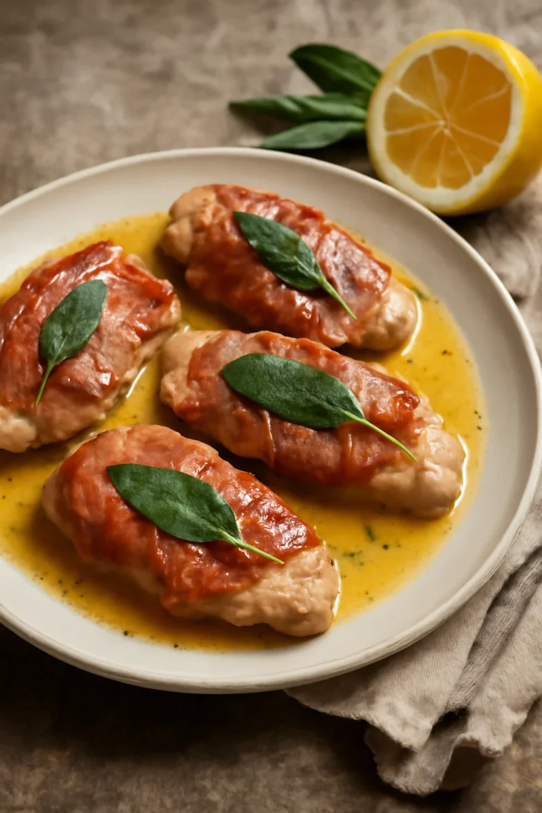 Saltimbocca citromos vajmártással, gazdag ízű borjúhús szelet, prosciuttóval és zsályával