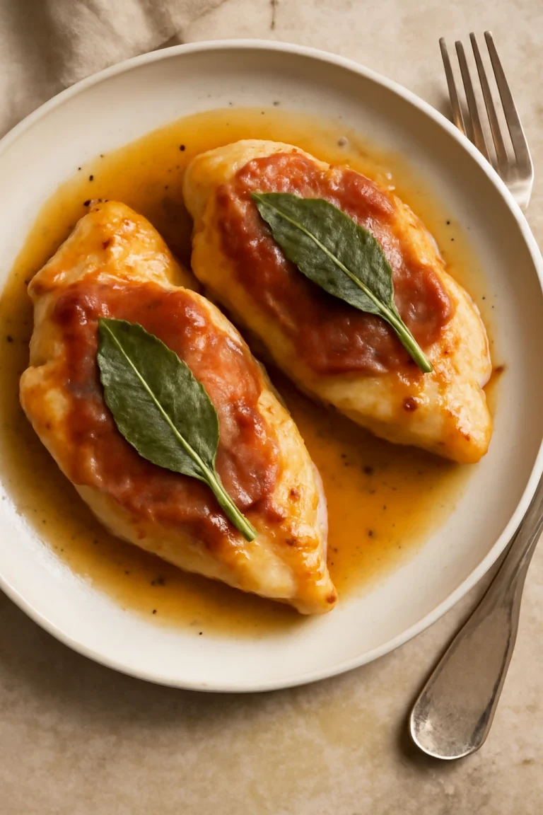 Saltimbocca csirkemellel, prosciuttóval és zsályával tálalva, fehérboros szósszal