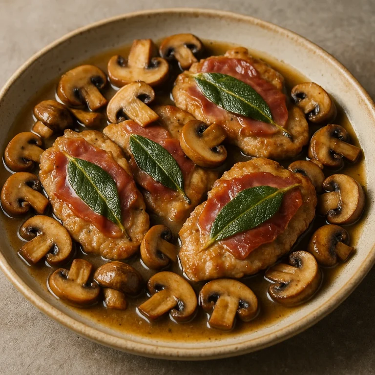 Saltimbocca gombával tálalva, borjúhús, sonka, zsálya és párolt gomba fehérboros mártásban