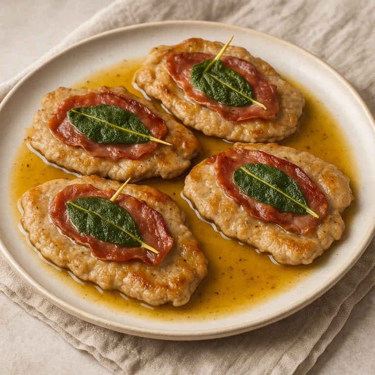 Saltimbocca klasszikus borjúhússal, parmai sonkával és zsályával tálalva, fehérboros szósszal