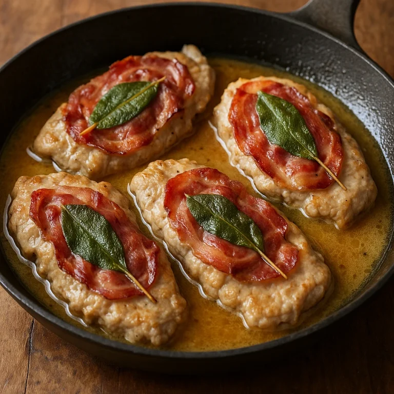 Saltimbocca borjúhús pancettával és zsályával, fehérboros szósszal tálalva