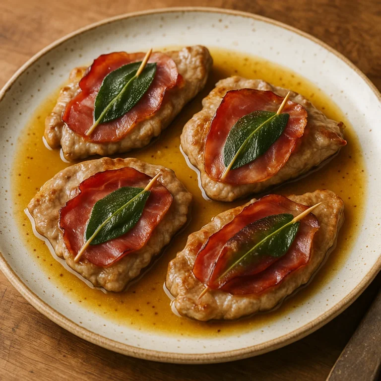 Saltimbocca speck sonkával, zsályával és fehérboros szósszal tálalva egy rusztikus tányéron