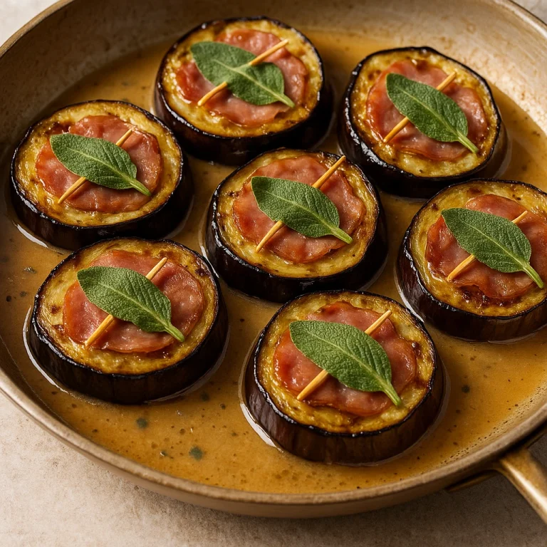 Vegetáriánus saltimbocca padlizsánnal, növényi sonkával és zsályával, fehérboros szósszal tálalva