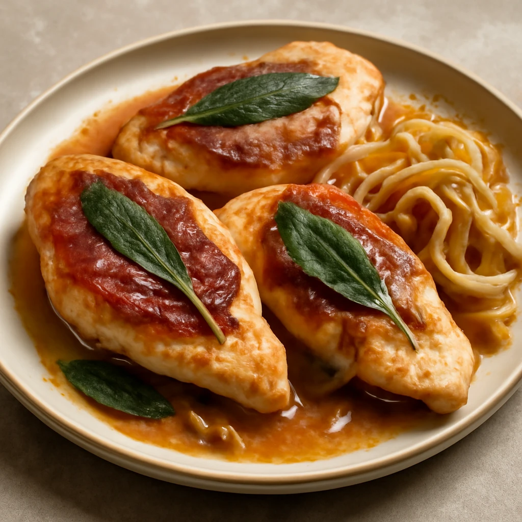 Olasz Saltimbocca, csirkehússal, prosciuttoval és zsályával