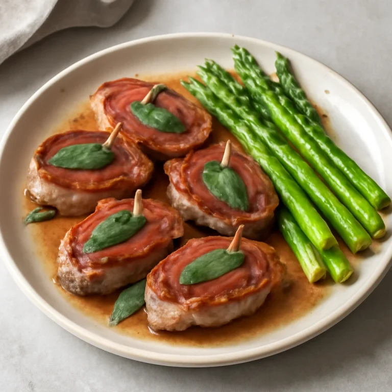 Saltimbocca báránykarajjal, zöldspárgával, zsályával és sonkával tálalva