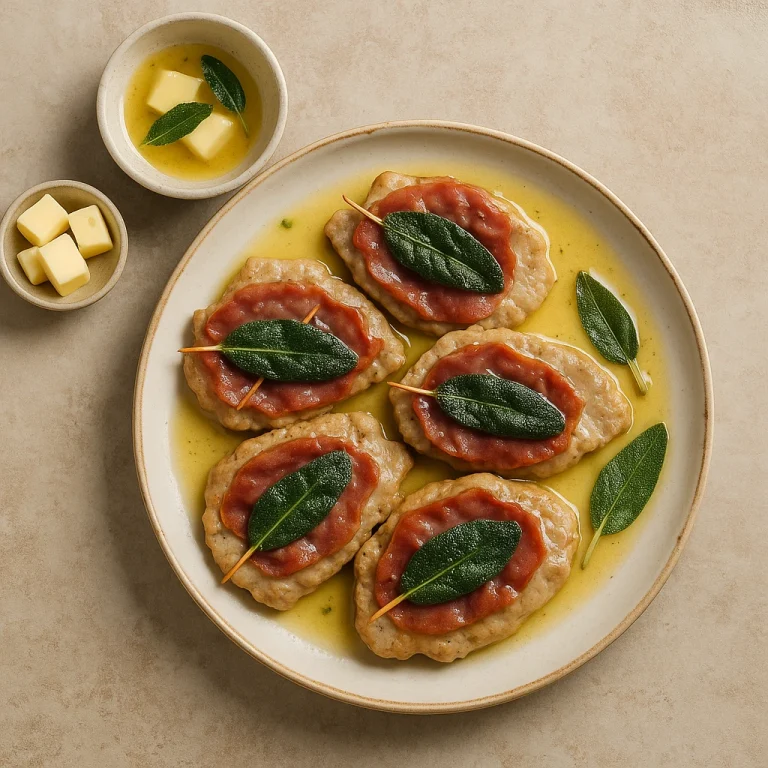 Saltimbocca borjúból, zsályás vajmártással, parmai sonkával tálalva, elegáns tálon