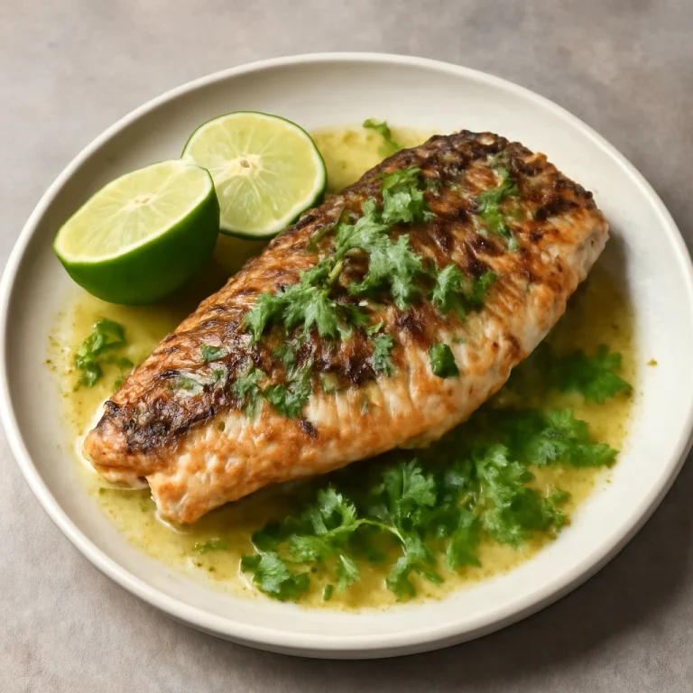 Samak mashwi korianderrel, grillezett hal egy tányéron, lime karikákkal díszítve