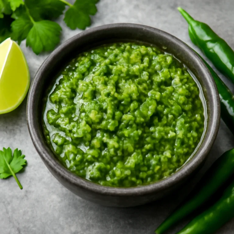 Friss sambal ijo, zöld chilivel, korianderrel és lime-mal tálalva